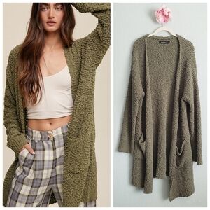 Merokeety Olive Green Soft Popcorn Knit Duster Cardigan
